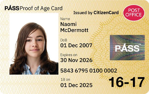 Post Office PASS Card issued by CitizenCard - UK proof of age and ID card for applicants aged 16 and 17