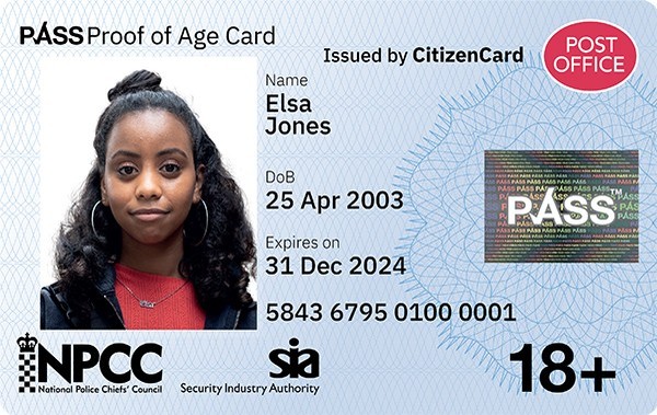 Post Office PASS Card issued by CitizenCard - UK proof of age and ID card for applicants aged over 18