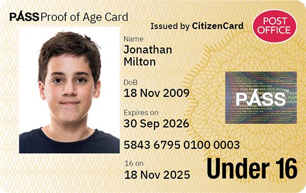 Post Office PASS Card issued by CitizenCard - UK proof of age and ID card for applicants aged under 16